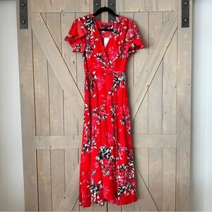 NWT French Connection Women’s Coletta Crepe Midi Tea Dress in Bright Flame Multi